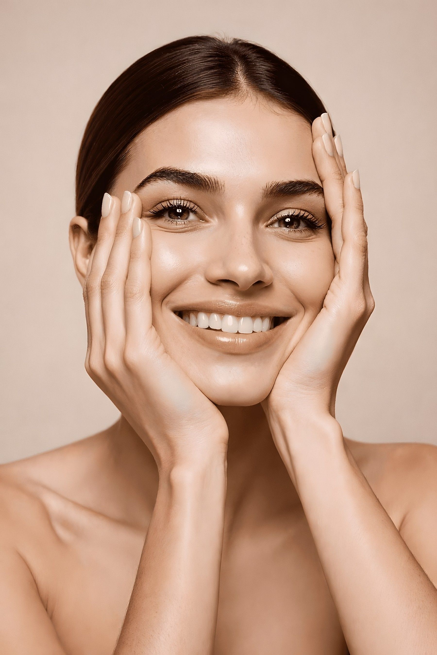 Woman with clear, radiant skin cradling her face in her hands